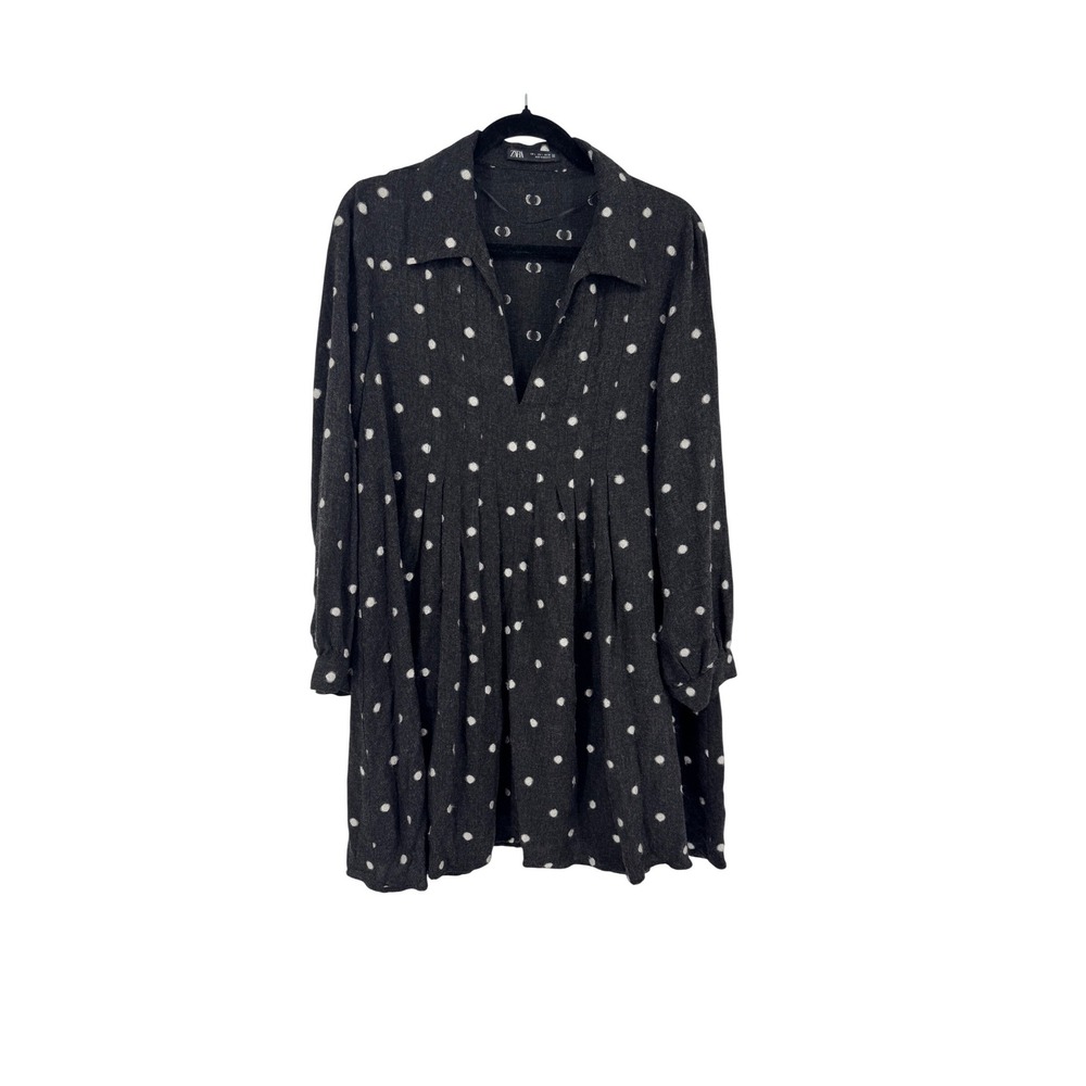 Zara Polka Dot Pleated Mini Dress Charcoal Grey Long Sleeve Babydoll Size L